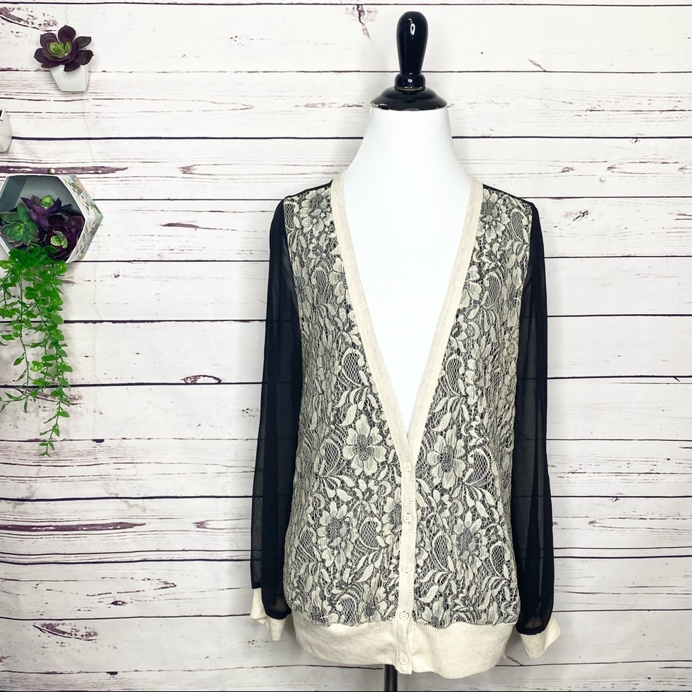Camilla Tree Sheer Sleeve Lace Cardigan Sweater Size Small Black & Cream